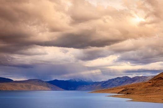 Alpine lake Tso Moriri in the Himalayas, Kashmir, India