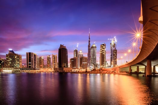 View of Dubai downtown skyline at night
