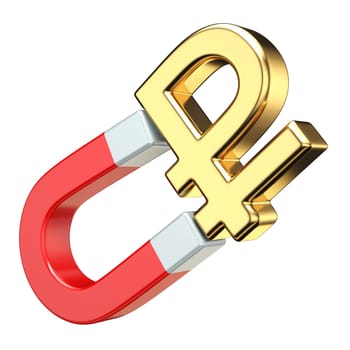 Gold RUBLE currency sign on red magnet 3D rendering illustration isolated on white background