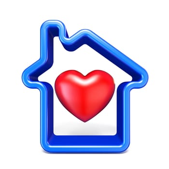 Blue house outline sign with red heart 3D rendering illustration isolated on white background