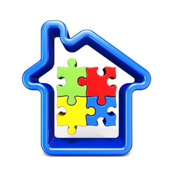 Blue house outline sign with jigsaw puzzles 3D rendering illustration isolated on white background