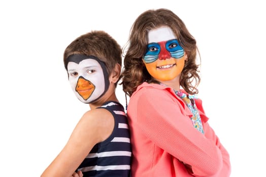 Children's couple with animal face-paint isolated in white