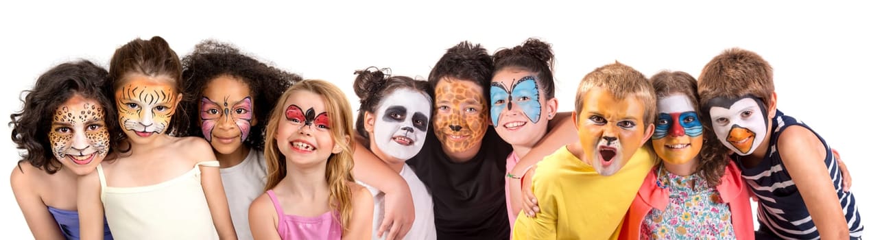 Children's group with animal face-paint isolated in white