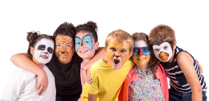 Children's group with animal face-paint isolated in white