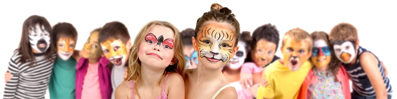 Children's group with animal face-paint isolated in white