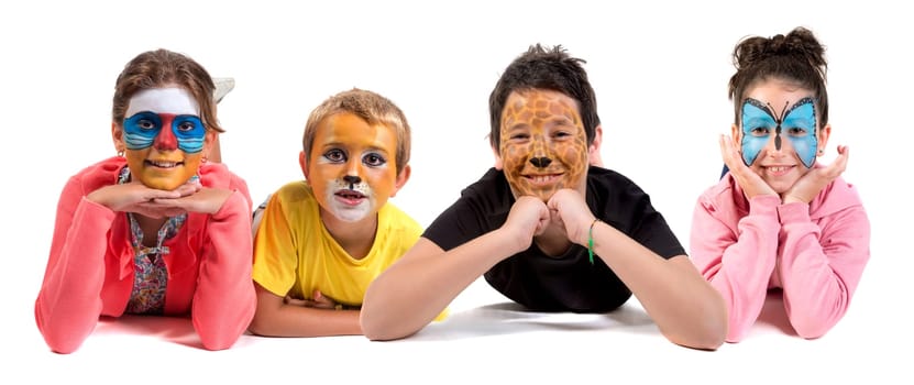 Children's group with animal face-paint isolated in white
