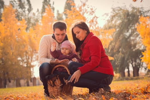 happy young family spending time outdoor in the autumn park