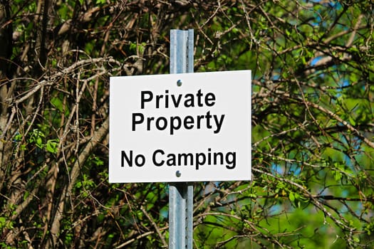 Private Property No Camping Sign.