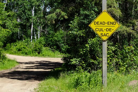 A Dead End sign beside a gravel road.