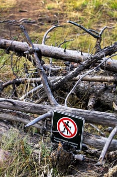 Restoration in progress signs on temporarily closed trails.