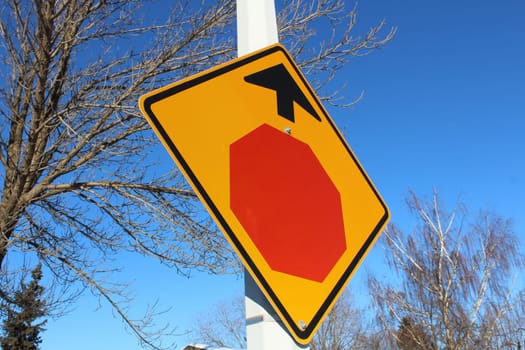 Stop Sign Ahead Against Blue Sky and Trees.