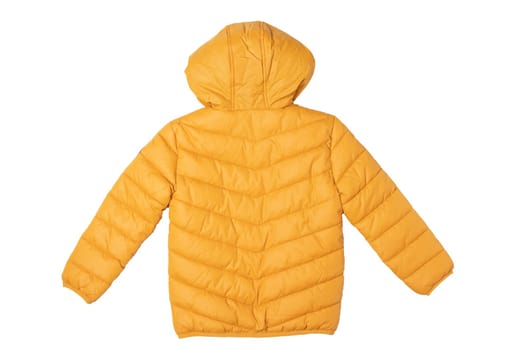 Childrens winter jacket. Stylish childrens yellow warm down jacket isolated on a white background. Winter fashion. Back view.