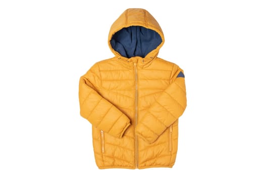 Childrens winter jacket. Stylish childrens yellow warm down jacket isolated on white background. Winter fashion.