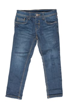 Fashionable lined Thermojeans. Trendy warm stretch blue jeans trousers isolated on white background. Fashionable jeans for child boy. Winter jeans fashion.