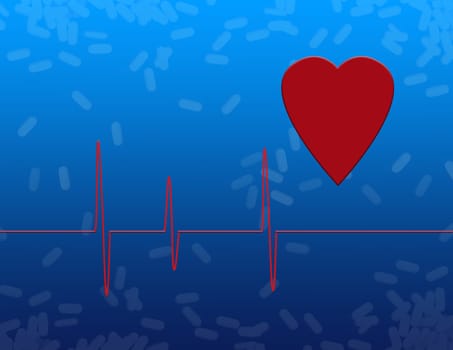 Heartbeat cardiogram. Pills on background