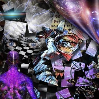 Surreal composition. Piece of mind. Fragments of human faces, warped space and time spirals