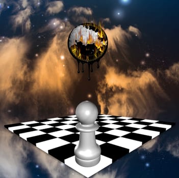 Surreal composition. Burning clock. Chess piece on a chessboard. Time to make a choice