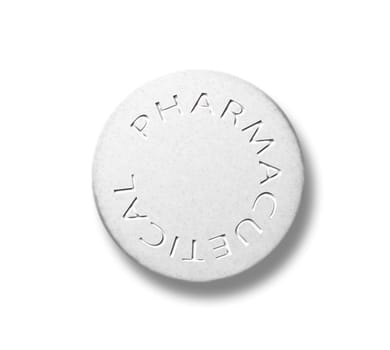 Big pharma. Round pill with word pharmaceutical