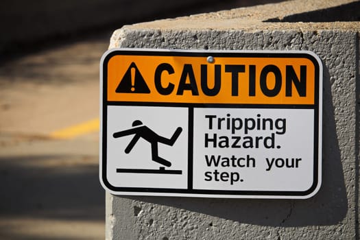 Caution tripping hazard sign on a wall.