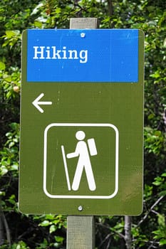 A blue and green hiking direction sign with an arrow.