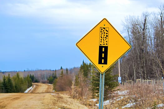 Pavement ends warning sign on a back road.