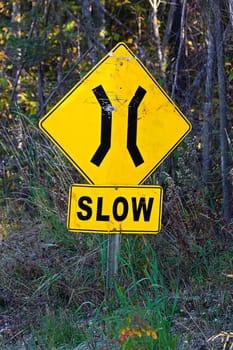 A Slow Narrow Bridge sign with trees in the background.