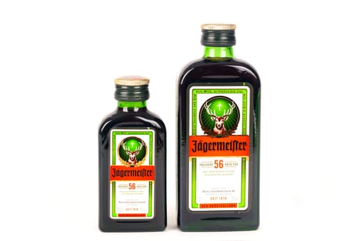 Huettenberg, Germany - 26.06.2018: Bottles of JÄGERMEISTER liquor drink isolated on white background.