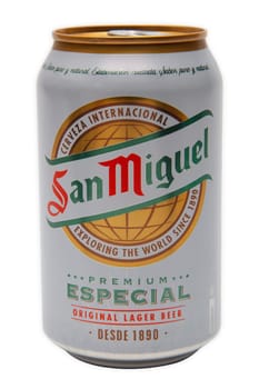 HUETTENBERG, GERMANY - SEPTEMBER 25, 2018: Can of SAN MIGUEL LAGER BEER isolated on white.