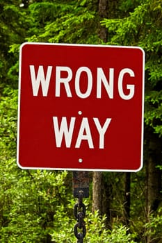 A red wrong way sign against trees.
