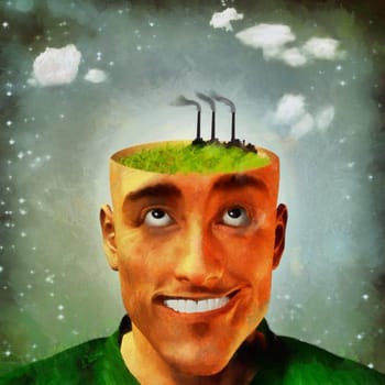 Surreal painting. Factory on a green field inside human head.