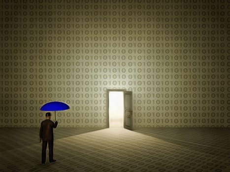 Surreal painting. Man with umbrella stands before door in wall with binary code.