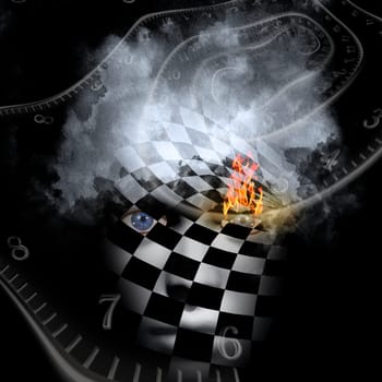 Burning minds. Surrealism and symbolism. Time spirals and checkered face with eye in flames
