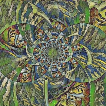 Abstract painting. Mirrored round fractal with hand of God.