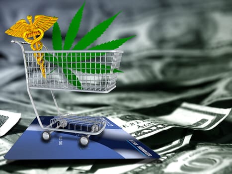 Marijuana leaf and caduceus in a cart. US dollars and credit card.