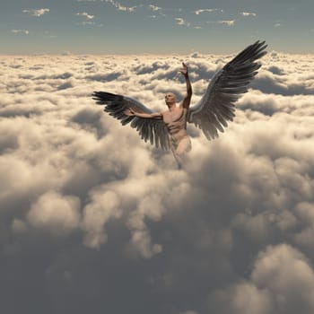 Surrealism. Man with angel's wings flies in cloudy sky