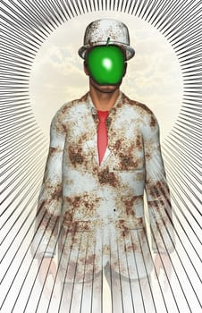 Surreal digital art. Man in white corroded suit with green apple instead of face