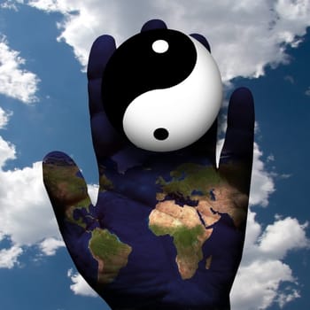 World Harmony. Yin - Yang sign on a human palm with Earth surface pattern