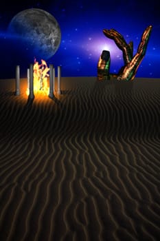 Sculpted droid hand points toward the heavens. Temple with fire in surreal desert