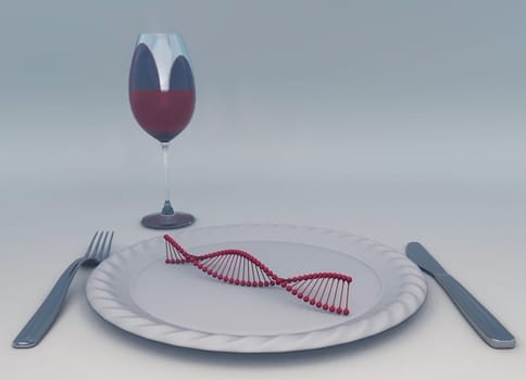 DNA chain on a plate. Glass of red wine, fork and knife