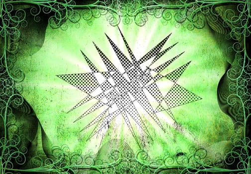 Abstract triangles figures and shining rays of light and curly frame at the background. 3D rendering