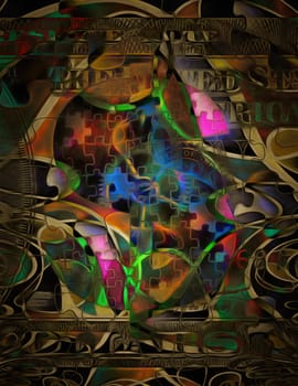 Abstraction with puzzle elements and banknote of 100 dollars. Symbolic Business