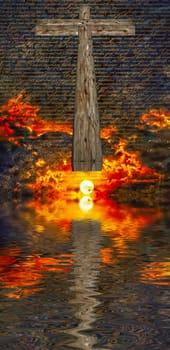 Surreal digital art. Christian wooden cross above water surface. Vivid subset. Latin text.