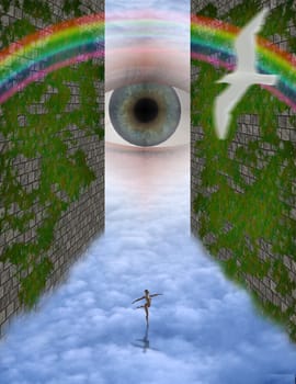 Ballerina dance in the sky. Giant eye, rainbow and bird silhouette