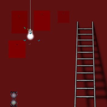 Ladder leans to red wall, hourglass. Butterflies around light bulb. Time wise