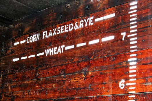 Height indicators for various grains in an old grain car.