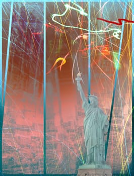 Abstract composition. Liberty statue. 3D rendering