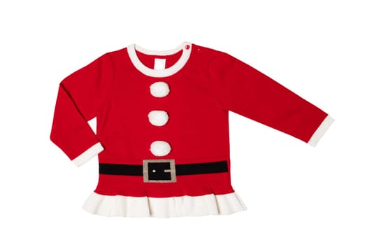 Christmas clothes. Red knitted christmas clothes isolated on a white background. Closeup of child girl sweater or jumper in Santa Claus design.