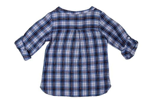 Children clothes. Fashionable blue checkered kids girl shirt with half-length sleeves isolated on a white background. Summer fashion. Back site.