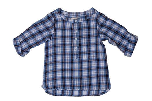 Children clothes. Fashionable blue checkered kids girl shirt with half-length sleeves isolated on a white background. Summer fashion.