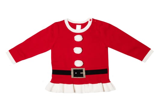 Christmas clothes. Red knitted christmas clothes isolated on a white background. Closeup of child girl sweater or jumper in Santa Claus design.